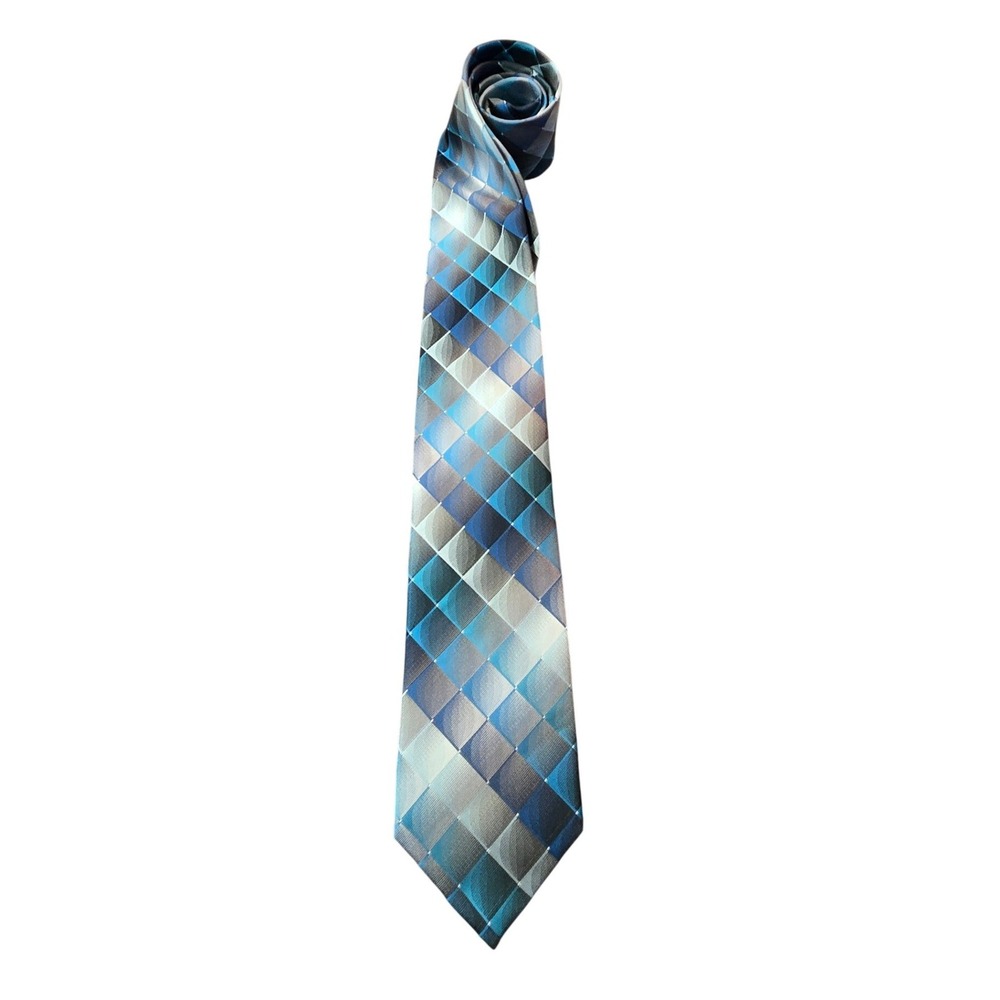 Pierre Cardin Mens Geometric Diamond Silk Feel Blue Grey Necktie Hand Made